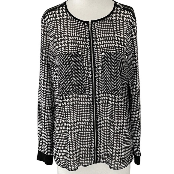 Michael Kors Sheer Panel Houndstooth Long Sleeve Blouse Size M - Picture 1 of 9
